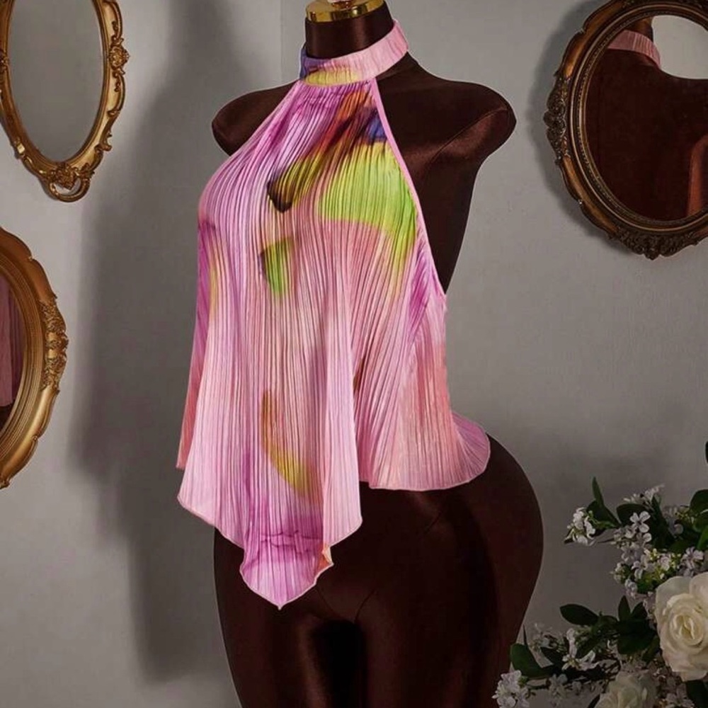 Halter Pleated Pink Watercolor Print Tank Top